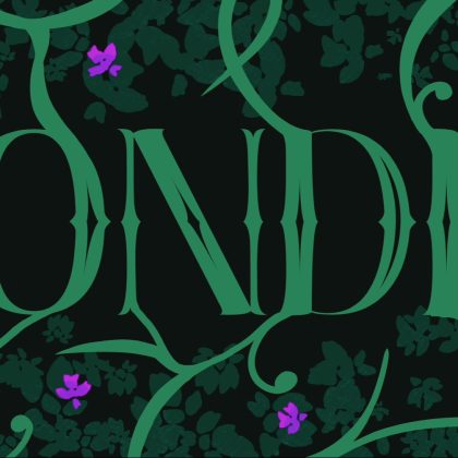 Typography based illustration of the word Wonder with vines and flowering bushes surrounding it.