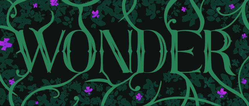 Typography based illustration of the word Wonder with vines and flowering bushes surrounding it.